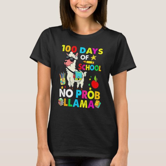 100 Days Of School No Probllama Llama Happy 100th  Tシャツ (正面)