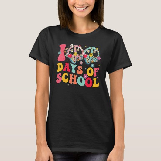 100 Days Of School Peace Sign Love 60s 70s Tie Dye Tシャツ (正面)