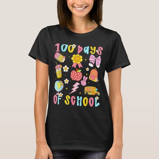 100 Days Of School Rainbow Bow Book Teacher Girl W Tシャツ (正面)