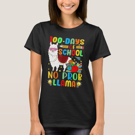 100 Days of School Shirt No Probllama Llama Plaid  Tシャツ (正面)