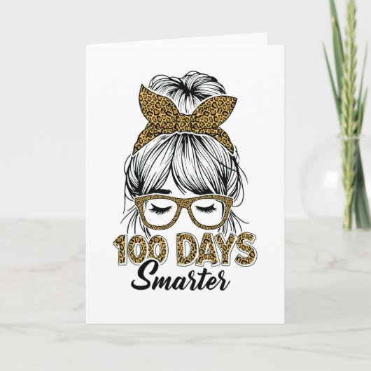 100 Days Smarter Teacher Leopard Print Bow School カード (正面)
