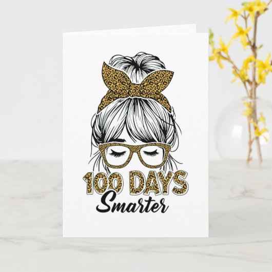 100 Days Smarter Teacher Leopard Print Bow School カード (黄色い花)
