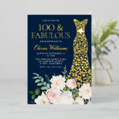 100 & Fabulous Navy & 金ゴールド100誕生日 箔招待状 (立ち正面)
