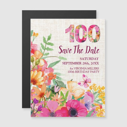 100 Floral Linen 100th Birthday Save the Date マグネット招待状 (正面/裏面)