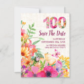 100 Floral Linen 100th Birthday Save the Date マグネット招待状 (正面)