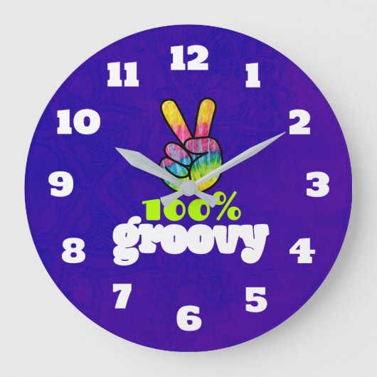 100% Groovy虹の手の平和記号(紫) ラージ壁時計 (正面)