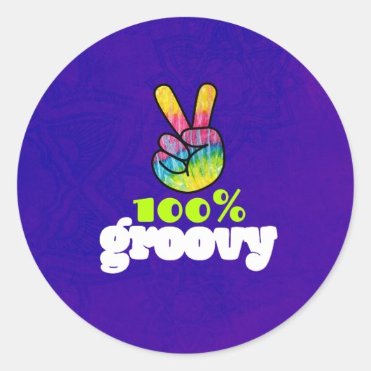 100% Groovy Rainbow with Hand Peace Sign ラウンドシール (正面)