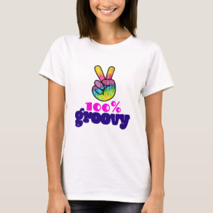 100% Groovy Rainbow with Hand Peace Sign Tシャツ