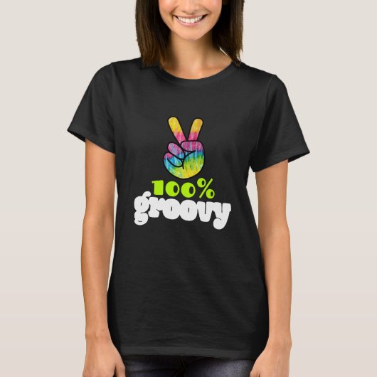 100% Groovy Rainbow with Hand Peace Sign Tシャツ (正面)