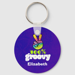 100% Groovy Rainbow with Hand Peace Sign Unique キーホルダー
