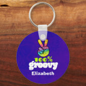 100% Groovy Rainbow with Hand Peace Sign Unique キーホルダー (正面)