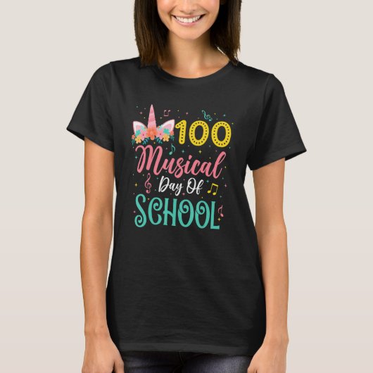 100 Musical Days Of School Music Teacher Unicorn T Tシャツ (正面)