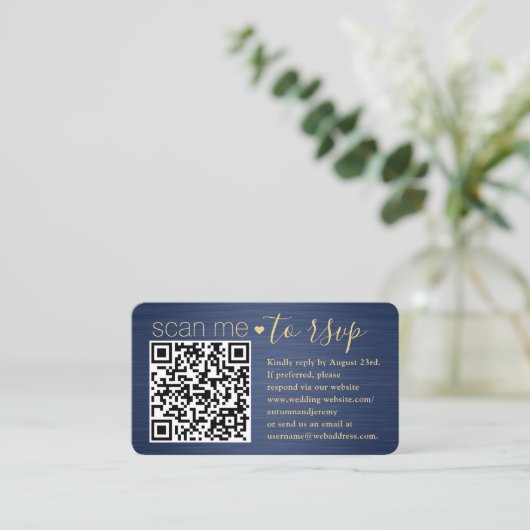 100 Pack Scan Me QR RSVP青と金ゴールド結婚の 名刺 (スタンド正面)