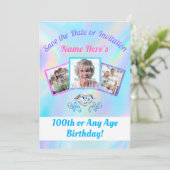 100 SAVEの日付に 1 〜 3 枚の写真で招待状 招待状 (スタンド正面)