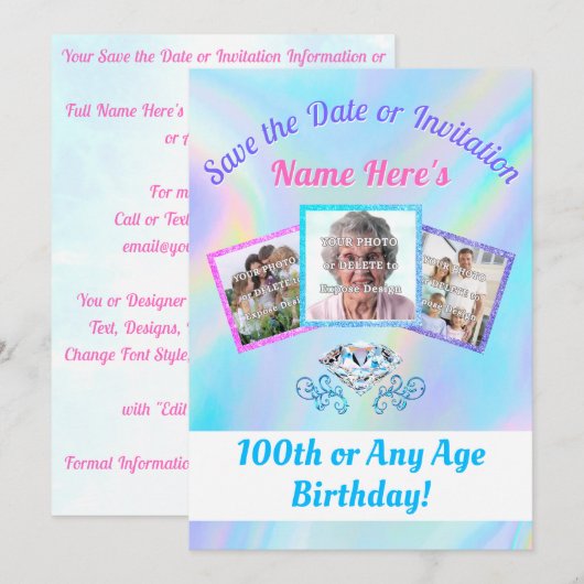 100 SAVEの日付のご案内　1 〜 3 枚の写真付き 招待状 (正面/裏面)