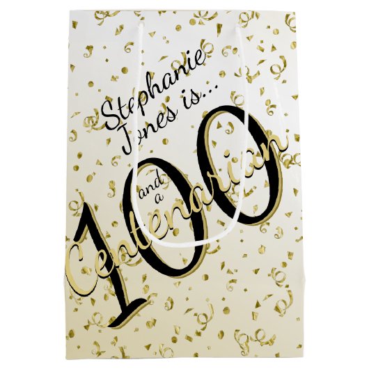 100 Yrsセンテナリア誕生日ブラック/金ゴールド文字 ミディアムペーパーバッグ (裏面)