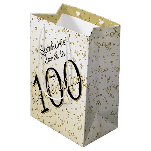 100 Yrsセンテナリア誕生日ブラック/金ゴールド文字 ミディアムペーパーバッグ (裏面アングル)