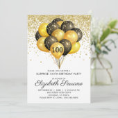 100thサプライズ誕生日パーティブラック金ゴールドグリッター 招待状 (スタンド正面)