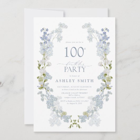 100thバースデーパーティーダスティーエレガントブルーフローラ 招待状 (正面)