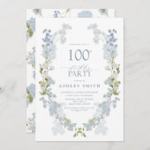100thバースデーパーティーダスティーエレガントブルーフローラ 招待状 (正面/裏面)