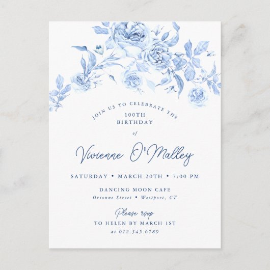 100thバースデーパーティーダスティーブルーバラフローラ インビテーションポストカード (正面)