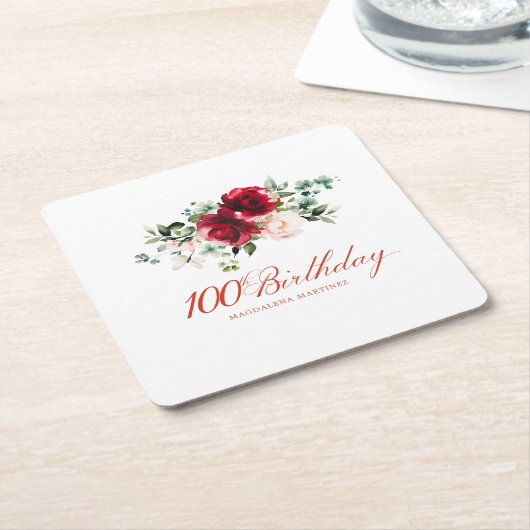 100thバースデーパーティードレッドピンクフローラカスタム スクエアペーパーコースター (アングル)