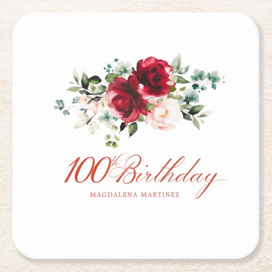 100thバースデーパーティードレッドピンクフローラカスタム スクエアペーパーコースター (正面)