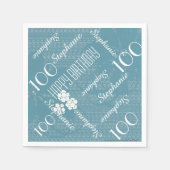 100thバースデーパーティーネームパステルブルーフローラ紙 スタンダードカクテルナプキン (正面)