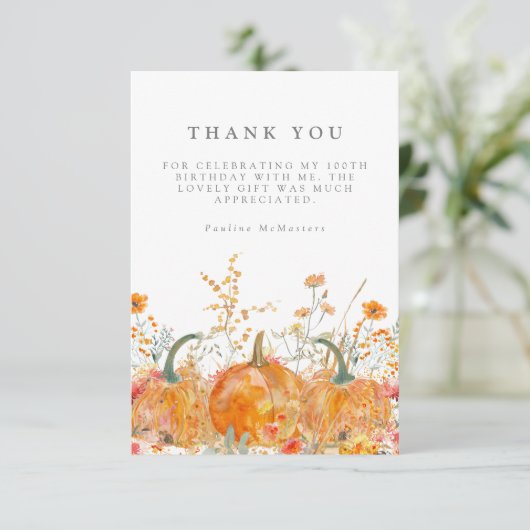 100thバースデーパーティーパンプキンワイルドフラワーカスタム サンキューカード (スタンド正面)
