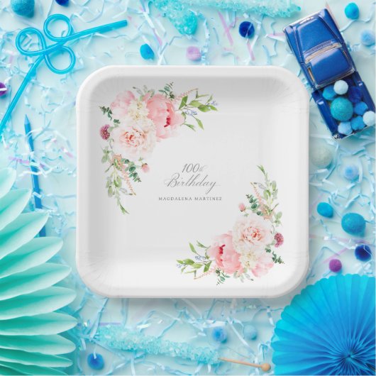 100thバースデーパーティーピンクフローラカスタム ペーパープレート (パーティー)