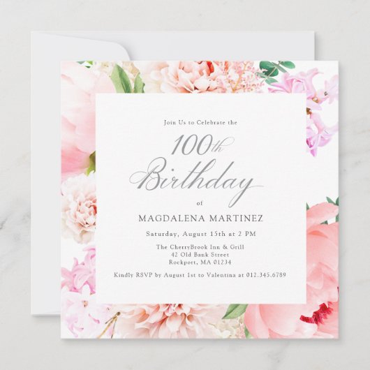 100thバースデーパーティーピンク牡丹フローラスクエア 招待状 (正面)