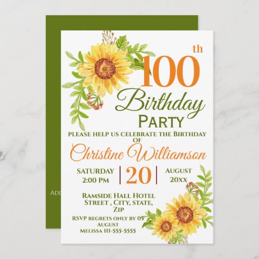 100thバースデーパーティーフローラひまわり 招待状 (正面/裏面)