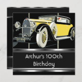 100thバースデーパーティーブラックヴィンテージカーマン 招待状 (正面/裏面)