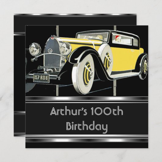 100thバースデーパーティーブラックヴィンテージカーマン 招待状 (正面/裏面)