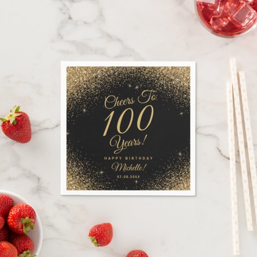 100thバースデーパーティーブラック金ゴールドグリッター名 スタンダードカクテルナプキン (インサイチュ)