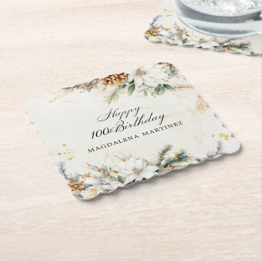 100thバースデーパーティーホワイトウィンターカスタムフローラ ペーパーコースター (アングル)