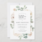 100thバースデーパーティーホワイトローズフローラ 招待状 (正面)