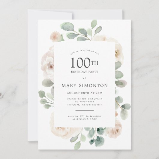 100thバースデーパーティーホワイトローズフローラ 招待状 (正面)