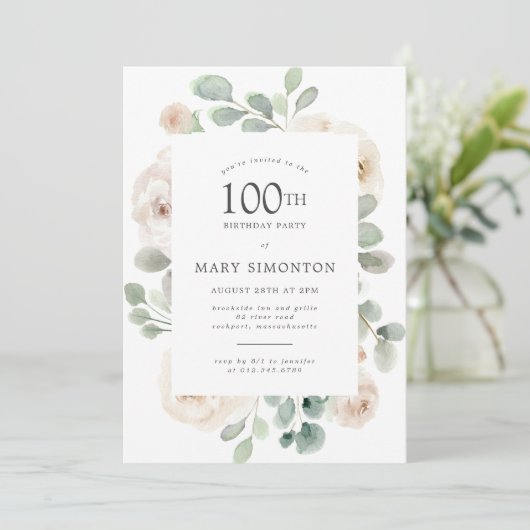 100thバースデーパーティーホワイトローズフローラ 招待状 (スタンド正面)