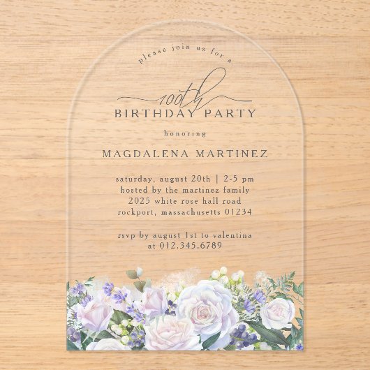 100thバースデーパーティーホワイトローズブルーフローラアーチ アクリル招待状 (正面)