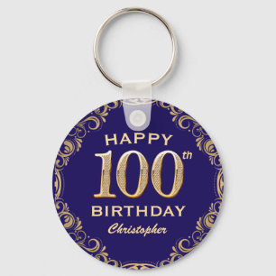 100thバースデーパーティー海軍ブルーと金ゴールドグリッター キーホルダー
