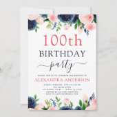 100thバースデーパーティー海軍ブルー赤面ピンクフローラ 招待状 (正面)