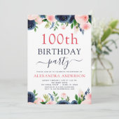 100thバースデーパーティー海軍ブルー赤面ピンクフローラ 招待状 (スタンド正面)