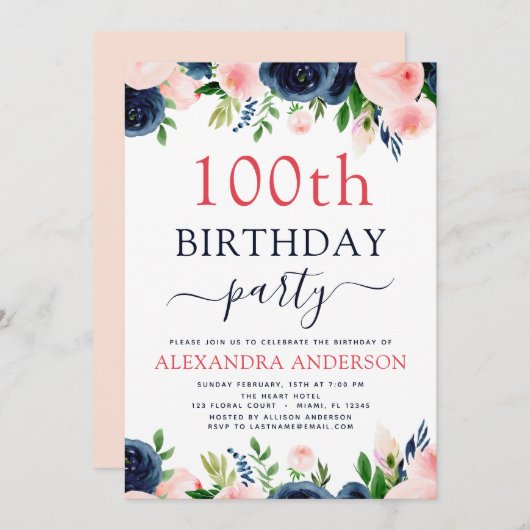100thバースデーパーティー海軍ブルー赤面ピンクフローラ 招待状 (正面/裏面)