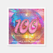 100thバースデーパーティー金ゴールドピンクグリッターディスコボール スタンダードカクテルナプキン (正面)