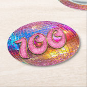 100thバースデーパーティー金ゴールドピンクグリッターディスコボール ラウンドペーパーコースター (アングル)