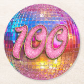 100thバースデーパーティー金ゴールドピンクグリッターディスコボール ラウンドペーパーコースター (正面)