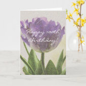 100th紫色のチューリップの花が付いているバースデー・カード カード (黄色い花)