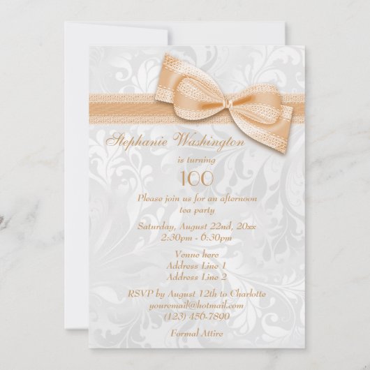 100th誕生会のダマスク織およびフェイクな弓 招待状 (裏面)