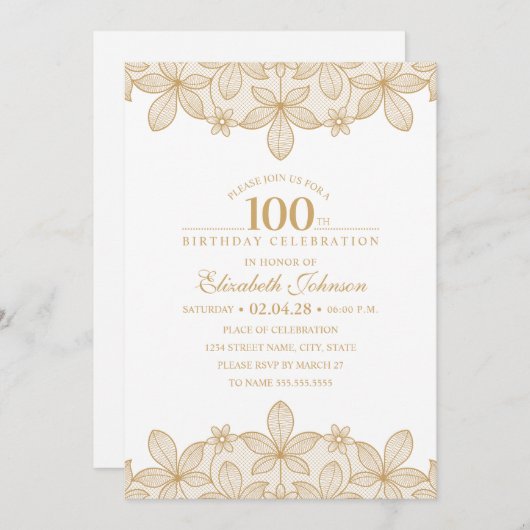 100th誕生会のユニークな金レース 招待状 (正面/裏面)